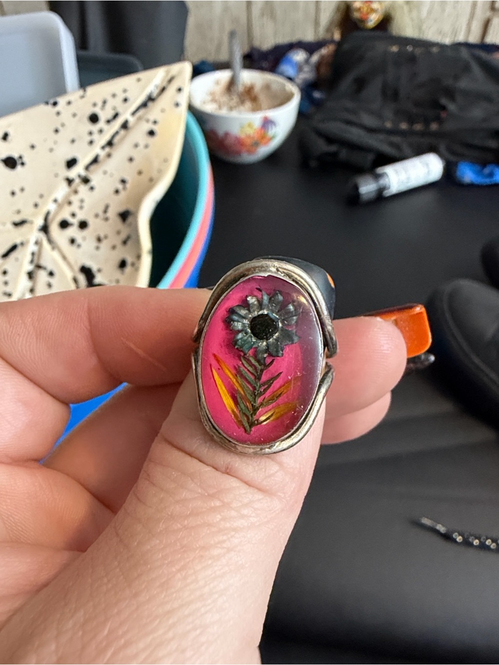 Pink Floral Resin Statement Ring with Silver-Tone Setting